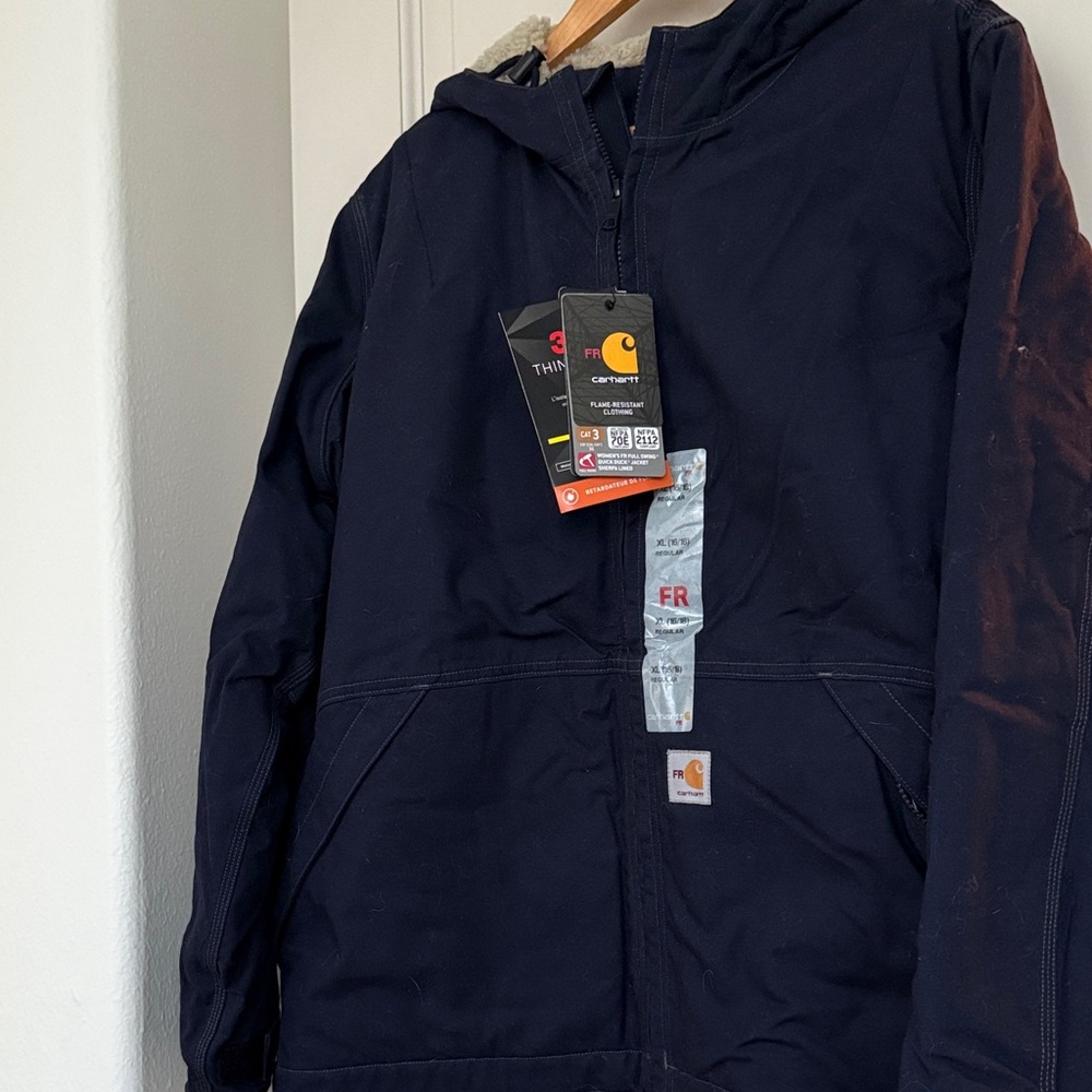 Carhartt Navy Hooded Work Coat with Sherpa Trim